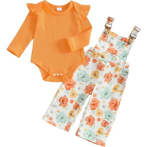 Newborn Baby Girl Fall Outfits Ribbed Long Sleeve Rompers Suspender Overalls Pants Sets Infant 2Pcs Clothes