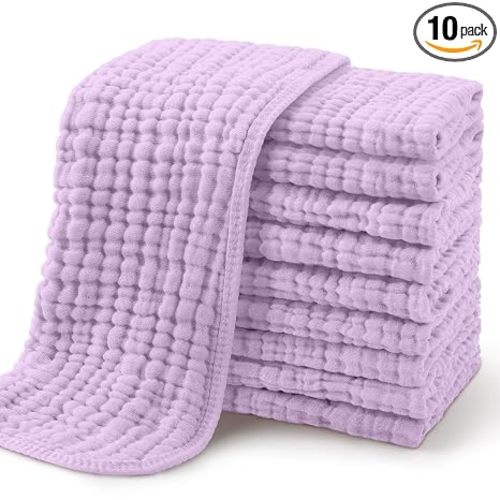 Yoofoss Muslin Burp Cloths for Baby 10 Pack 100% Organic Cotton Baby Washcloths for Boys Girls Large 20''X10'' Super Soft and Absorbent Apricot,Lavender