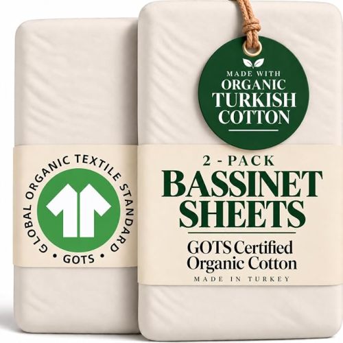GOTS Organic Bedside Bassinet Sheets 33x20 for Newton, Maxi Cosi Iora, Angel Bliss, Koola Baby Bond, Harppa Cudly 3 in 1– PLUSH & CLOUD SOFT 2 Pack Cotton Cover Boy, Girl 33 x 20 upto 35 x 19