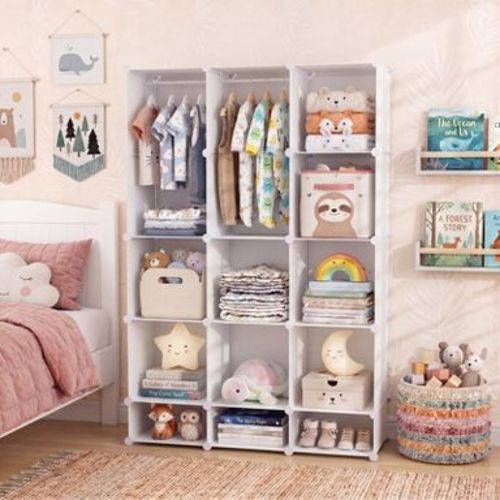 Costway 13-Cube Modular Baby Wardrobe Closet with Hanging Rods & Open Shelves for Clothes White