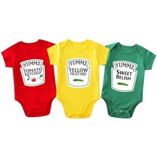 Baby Triplets Bodysuit Yummz Tomato Ketchup Yellow Mustard Sweet Relish Twins Baby Girl Romper Hat Set