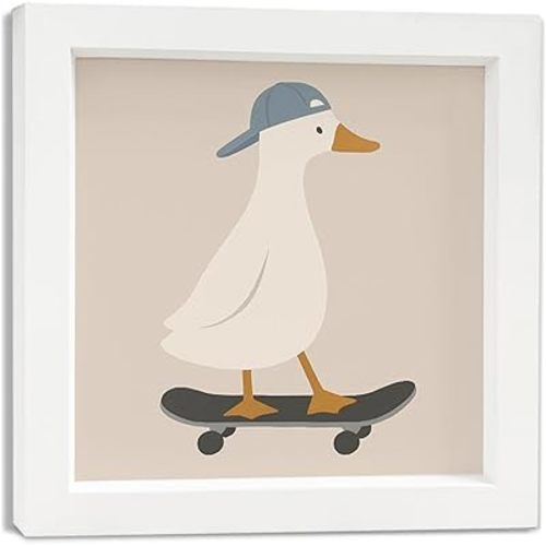 QXBIVNCP Duck Nursery Wall Art Decor, Playroom Decor, Funny Skating Duck Poster Print, Cute Animal Pictures Wall Decor for Kids Baby Boys Girls Room Nursery Playroom Bedroom Home