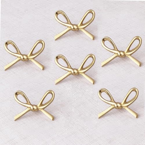 Indian Shelf 6 Pieces Premium Brass Gold Bow Drawer Knobs for Kitchen Cabinet Handles -Nursery Door Decorative Tie Kids Dresser Knobs Gold Dresser Pulls- Vintage Brass Cabinet Pulls