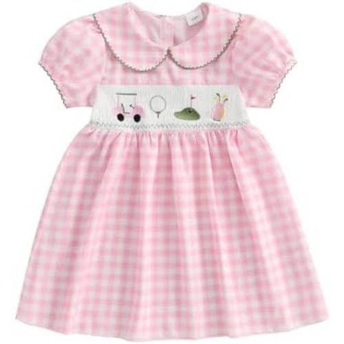 Toddler Baby Girl Golf Clothes Puff Short Sleeve Smocked Dress Collared Plaid Tunic Playwear Dresses