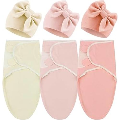 DRESHOW BQUBO 3 Pack Baby Swaddle Sleep Sacks Baby Swaddling Blanket Wrap Newborn Swaddle Sack with Big Bow Hat for Boys Girls 6-12 Lbs Newborns & 0-3 Months Girls Boys