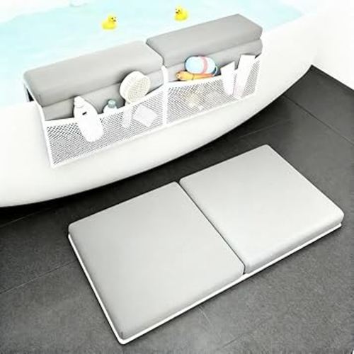 Bath Kneeler and Elbow Rest Pad Set, Comfortable Baby Bath Kneeling Pad for Tub with Toy Organizer Pockets, Non-Slip Knee Pad for Bathing Baby, Quick Dry Bathtub Mat for Toddler & Infant - Grey