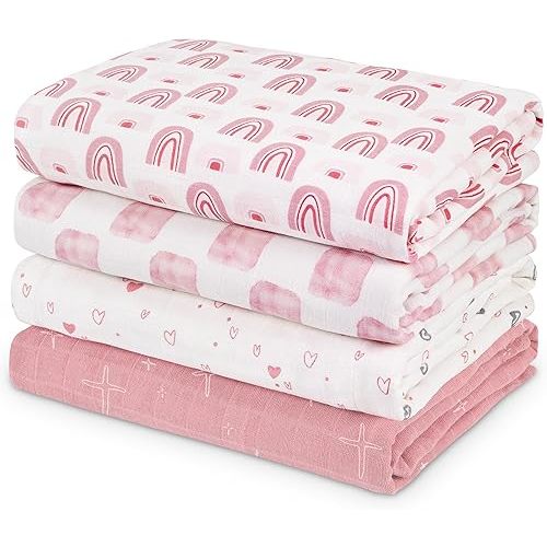 Muslin Swaddle Blankets for Newborn, 4 Pack Cotton Baby Blanket, Large 31.5 x 43.3 Breathable Soft Receiving Blankets Girl, Essentials Swaddle Wrap Burping Clothes, Pink Rainbow