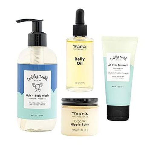TUBBY TODD New Baby & Mom Sensitive Skincare Kit - The Mama + Baby Gift Set - Baby Shampoo and Body Wash 8.5 Oz, All Over Ointment 2 Oz, Belly Oil 2 Fl Oz & Nipple Balm 1.9 Oz - Fragrance-Free