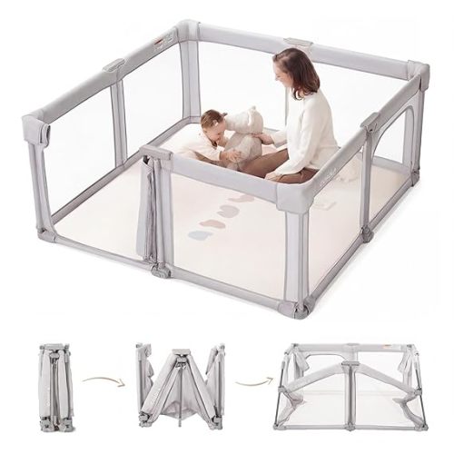 Baby Playpen Portable, Pre-Assembled Play Pen 59x59 Large Foldable Playpen for Babies and Toddlers, Sturdy and Safe Toddler Play Yard Indoor Outdoor with Carry Bag,Khaki