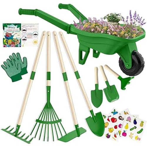 Qtioucp Kids Gardening Tools Outdoor Toys Set Backyard Play with Wheelbarrow Educational STEM Learning Pretend Toys Outdoor Indoor for Toddlers Kids Boys Girls