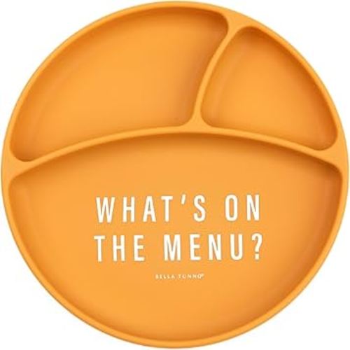 Bella Tunno Suction Plate for Babies & Toddlers, Self-Feeding Dish for Baby Led Weaning, Silicone Divided Plate, Sticks to Highchair Trays & Tables, Microwave & Dishwasher Safe, What’s on the Menu