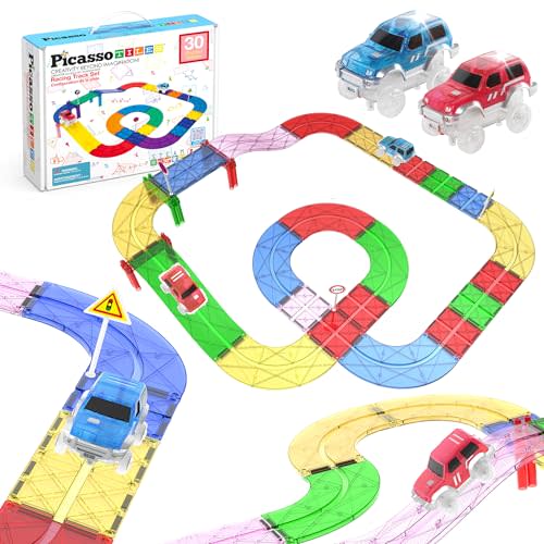 PicassoTiles 30 PCS Magnetic Race Track Toy Set STEM Educational Building | Ages 3+, BPA-free materials, promotes hand-eye coordination & engineering skills, Hands-On Learning & Screen Free Play
