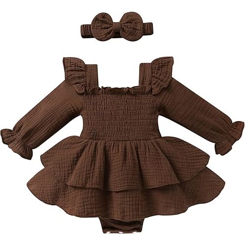 YOUNGER TREE Baby Girl Fall Clothes Infant Long Sleeve Ruffle Romper Dress with Headband Cute Toddler Winter Outfits