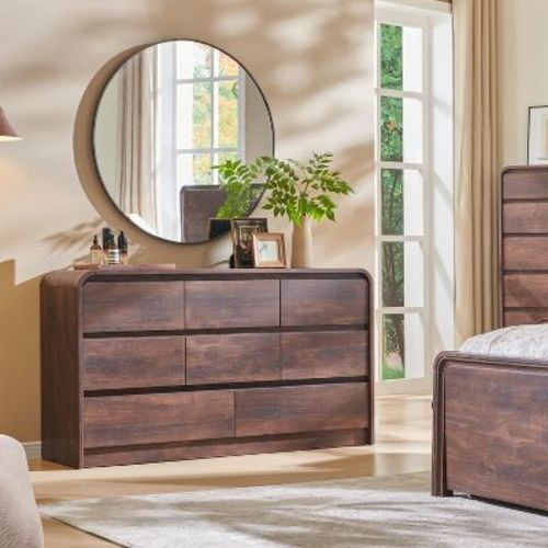 SinCiDo Modern 8 Drawer Dresser, Curved Profile Design, 55" Wide Mid Century Wood Storage Organizer for Bedroom, Living Room, Brown