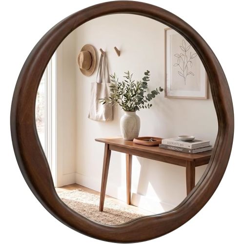 Pocetry Dark Walnut 24 Inch Round Wood Wall Mirror, Asymmetrical Inner Edge