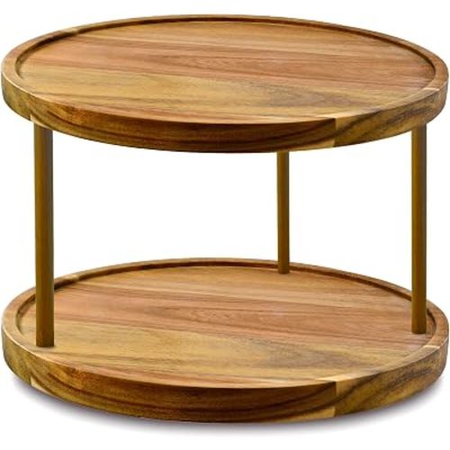 10" Two-Tier Acacia Wood Lazy Susan Organizer Kitchen Turntable for Cabinet Pantry Table Organization