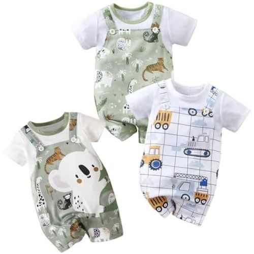 Baby Fake 2-Piece Overalls Romper 3-Pack Animal Construction Print Short Sleeve Onesie Infant Outfit