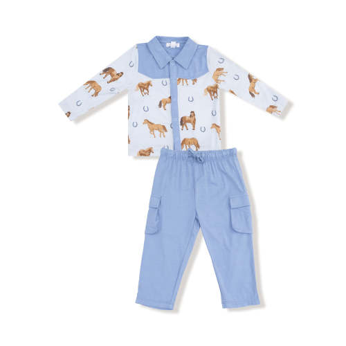 Cowboy Button Down & Pant, Horses Blue