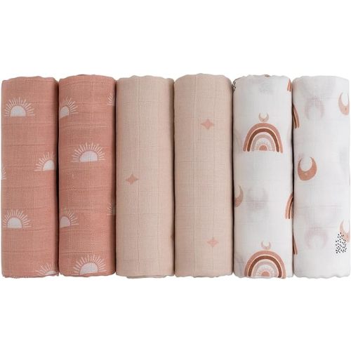 GLLQUEN BABY Receiving Blanket Boy Cotton Muslin Swaddle Blankets Girl Newborn Squares Breathable & Soft Thin Baby Blankets Cloths Double Absorbent Infant Swaddling Wrap - 6 Pack (Sun)