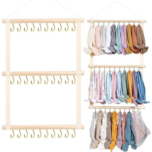 POVETIRE Headband Holder Head Bands Organizer for Girls, Baby Headbands Hair Accessories Organizer Storage Wall Hanging Decor for Nursery Toddler Girls Room… (Beige-1)