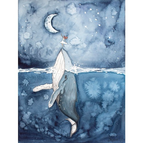 Humpback Whale Print, Moon Print, Sea Wall Decor, Whale Art, Whale Nursery, Girl Painting, Framed Decor, Whale Painting, Fantasy Painting