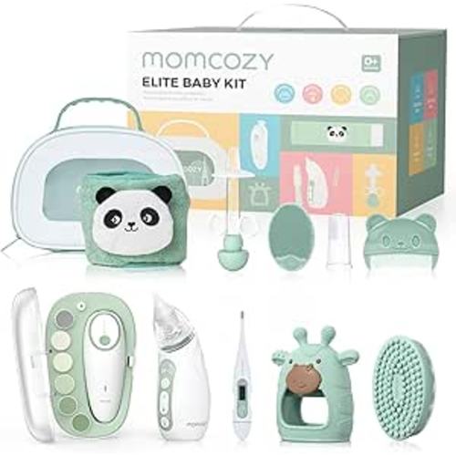 Momcozy Elite Baby Kit, Superior Baby Shower & Registry Essential Kit for Grooming & Health & Cleansing Care, Electric Nail File & Nasal Aspirator,Tummy Wrap,Thermometer,Bath Brush,Teether,Storage Bag
