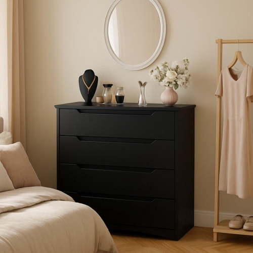 4-Drawer Dresser, Wood Chest of Drawers with Anti-Tip Safety Device & Cut-Out Handles for Bedroom & Living Room, Black