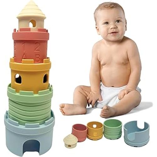 Castle Stacking Tower & Nesting Cups Baby Toys - 5-Piece Silicone Teething & Bathing Set - Fun, Educational & Early Learning Gift for Babies 6+ Months - BPA Free, Soft & Dishwasher Safe