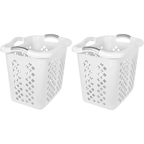 2-Pack 2 Bushel Plastic Laundry Basket with Silver Handles, Space-Saving Dirty Clothes Organizer for Home Apartment Dorm (White)