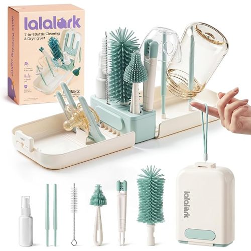 7-in-1 Baby Bottle Brush Set, BPA Free Silicone Baby Bottle Cleaning Kit with No Scratch Dual-Headed Brush, Nipple Brush,Soap Dispenser & Drying Rack,Travel Cleaner Set with Storage Case,Mint