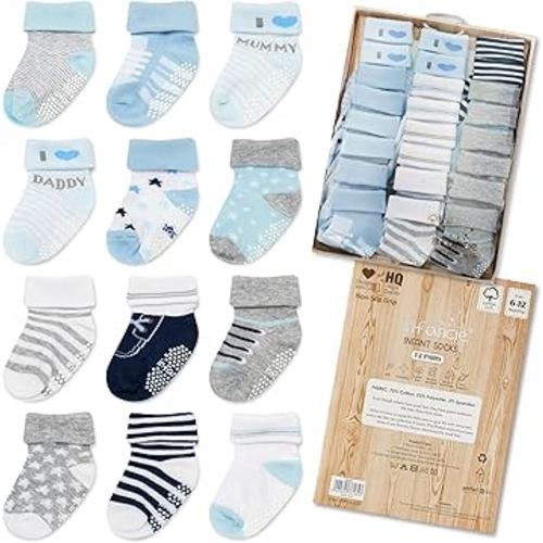 Baby Socks Newborn Socks 12 Pairs - (6-12 Months) – Soft And Comfortable Babies Grip Sock, Premium Newborn Baby Sock, Gift For Little Boys