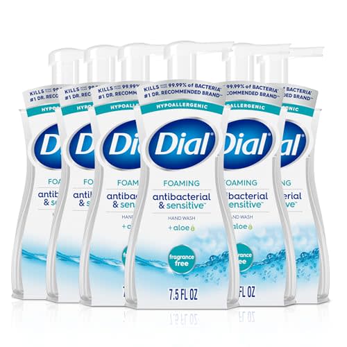 Dial Antibacterial Defense Foaming Hand Soap + Aloe, Fragrance Free, 7.5 Fl Oz (Pack of 6), Dermatologist-Tested Hand Wash, Gentle on Skin