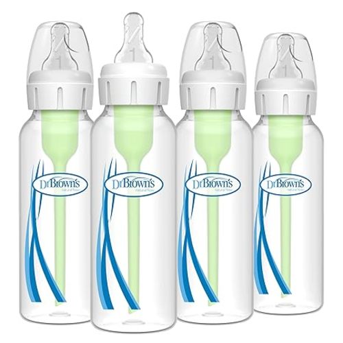 Dr. Brown's Natural Flow Anti-Colic Options+ Narrow Baby Bottle, 8 oz/250 mL, with Level 1 Slow Flow Nipples, 0m+, 4 Pack