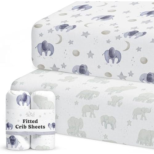 Sorrel + Fern Baby Crib Sheets Neutral, Fitted 2-Pack (Watercolor Elephant)