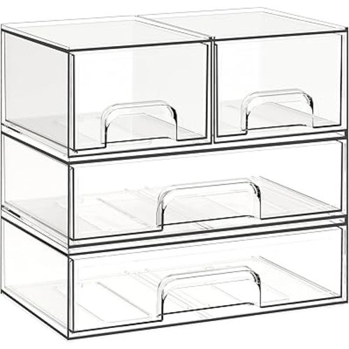 Criusia Stackable Storage Drawers, 4 Pack Clear Plastic Makeup & Bathroom Organizer, Versatile Storage Bins for Vanity, Under Sink, Kitchen Cabinets & Pantry