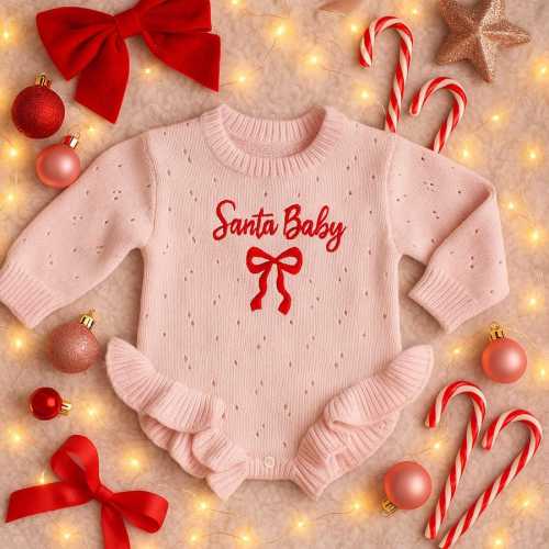 Frill Leg Embroidered Personalised pink Baby Romper, Santa baby outfit, First Christmas Outfit, baby girl frilly romper, Christmas romper