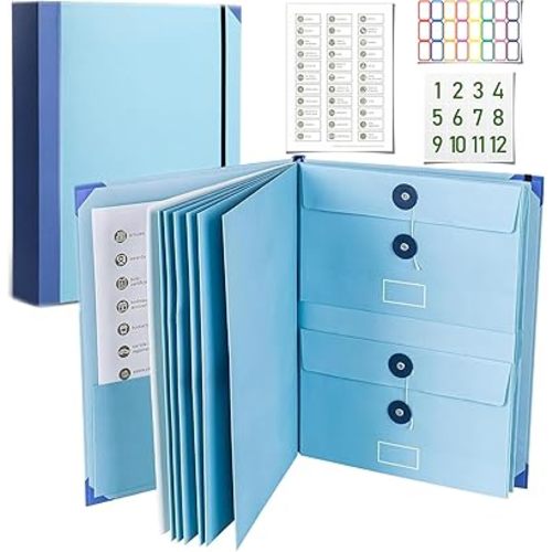 Important Document Organizer Personal Binder Organizer with Labels Accordion File Stylish Binder for Storing Important Papers, Certificates, Passports, Photos, and Letters(Bule)
