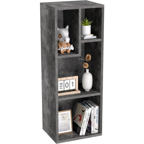 VECELO 3-Tier Small Bookcase, 4 Cube Bookshelf with Height Difference Shelves for Most Books, Modern Floor Standing Unit, Each Shelf Hold Up to 66 LBS for Living Room Bedroom, Grey