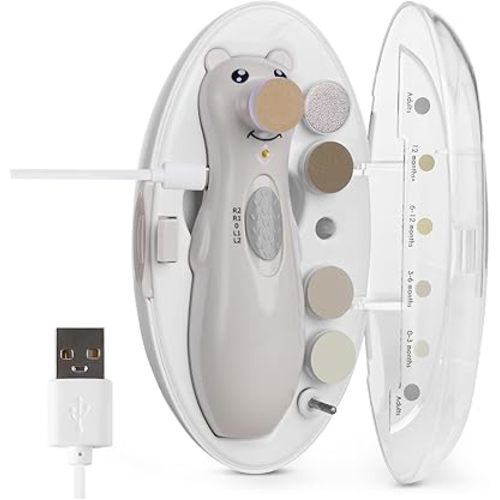 haakaa Rechargeable Baby Nail Trimmer with LED Light, Rechargeable Baby Nail File for Toddler/Newborn/Adults Toes and Fingernails, Additional Replacement Heads & Charging Cable, Compact Case, Pebble