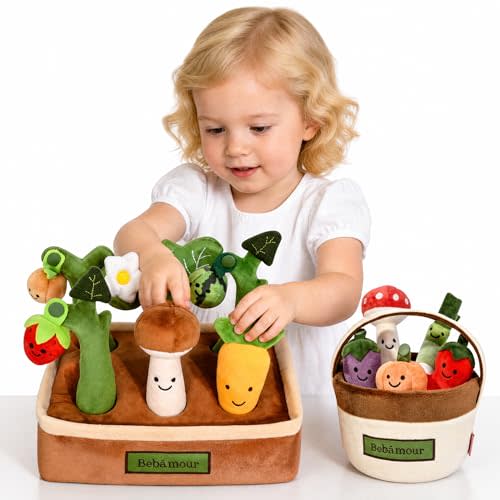 Bebamour Montessori Toys for Baby 6-12 Months, Plush Vegetable Garden Sensory Sorting Toy with Storage Base, Soft Plush Farm Harvest Game for Fine Motor Skills, Perfect Baby Boys Girls Gift(Carrot)