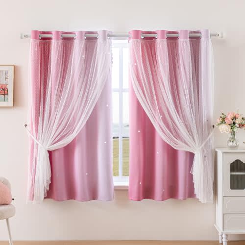 MYSKY HOME Pink Curtains for Girls Bedroom 63 Inches Long Ombre 2 Panels | Nursery Girl Room Decor, Kids Blackout Drapes, Room Darkening, Star Cut Out, Grommet Window Treatment, 34"W, Light Pink