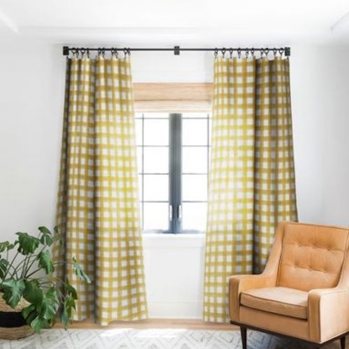 Little Arrow Design Co watercolor plaid gold 50" x 64" Single Panel Room Darkening Window Curtain - Deny Designs