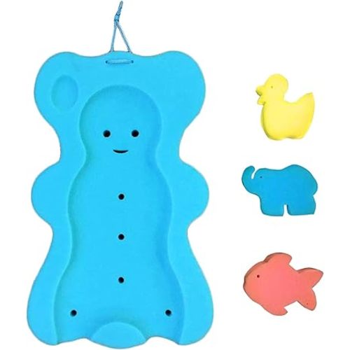 ReignDrop Baby Bath Sponge Mat for Tub – Safe Fun Sponge Bath Mat, Toys for Newborns – Toddler Bathing Cushion Insert with Inbuilt Drying Hanger – Bath Time Rest and Support for Sink (Small Bear)