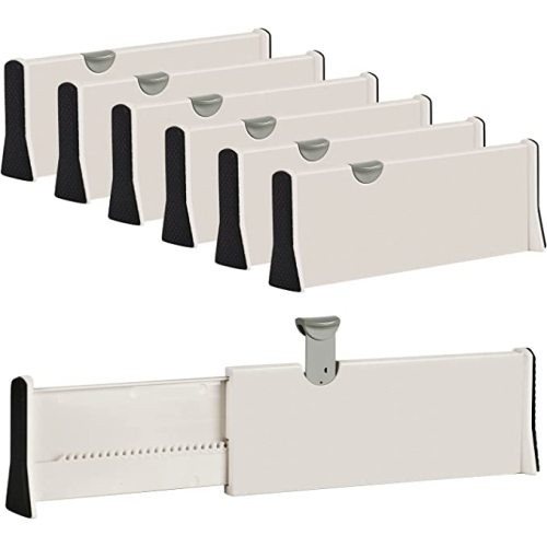 JONYJ Drawer Dividers Organizer 6 Pack, Adjustable Separators 4" High Expandable from 11-17" for Bedroom, Bathroom, Closet, Clothing, Office, Strong Secure Hold, Foam Ends, Locks in Place - Beige - 4" Tall, 11"-17" Long, 6 Pack