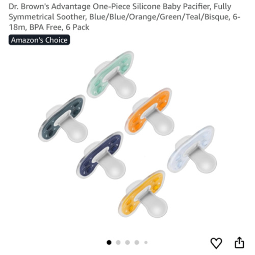 Dr. Brown's Advantage One-Piece Silicone Baby Pacifier, Fully Symmetrical Soother, Blue/Blue/Orange/Green/Teal/Bisque, 6-18m, BPA Free, 6 Pack