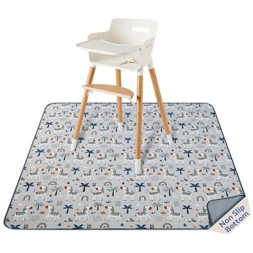 Blissful Diary Baby Splat Mat for Under High Chair, 50.4 x 50.4 Inch Wipeable Splash Mat, Waterproof and Washable, Anti-Slip Floor Protector, Gray Zebra