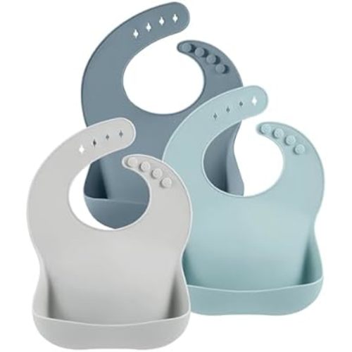 PandaEar 3 Pack Cute Silicone Baby Bibs for Babies & Toddlers (10-72 Months)| Waterproof Baby Feeding Bibs Adjustable with Wide Food Catcher Pocket, Soft, Unisex, Non Messy
