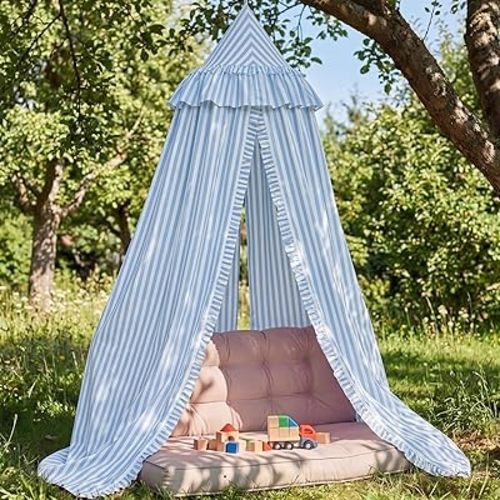 SmoothNovelty Blue Striped Bed Canopy with Ruffles, Soft Cute Decorative Tent, Hanging Bed Curtains for Reading Nook Play Area, Adult Bedroom Circus Tent Canopy