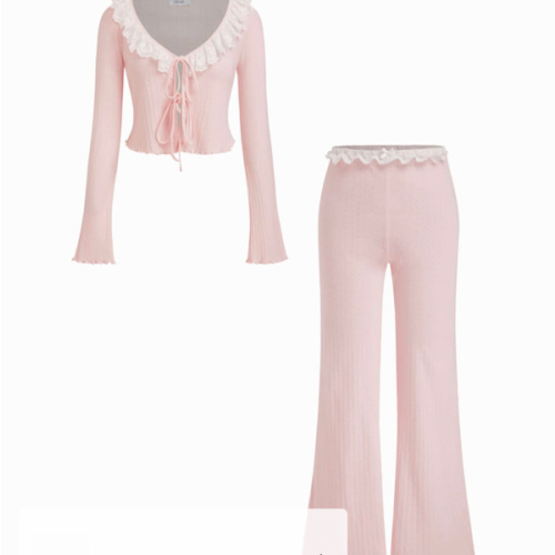 Knit Fabric 100% Cotton V-neck Pointelle Tie Front Top & High Rise Lace Trim Bowknot Flare Trousers Loungewear Set For Bedroom