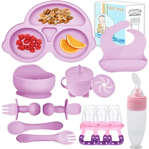 Silicone Baby Feeding Set,Miicasa Baby Led Weaning Supplies Kit With Suction Bowl & Car Plate, Bib, Spoon, Fork, Cup - Food-Grade Silicone, Dishwasher-Safe, No BPAs - For 3+ Months